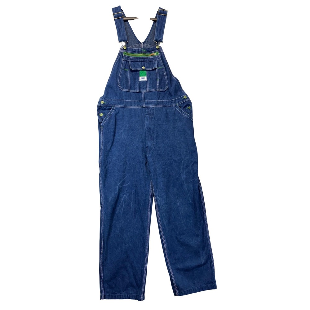 Liberty Overalls Mens Blue Denim Bib Carpenter Workwear Pants Green Trim 38x30
